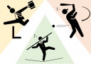 走り幅跳びをする人、野球で空振りをする人、ロープの上でバランスをとる人のピクトグラム3種類の絵です。