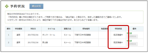 「予約状況画面」の備考欄の表示が、「配送準備中」となっているときの画像です。